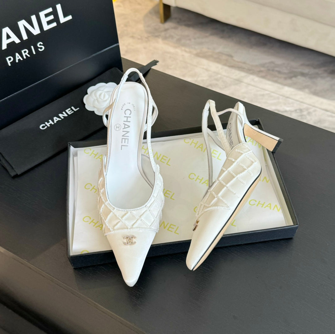 POINTED SLINGBACK MID HEELS WHITE LAMBSKIN - 35