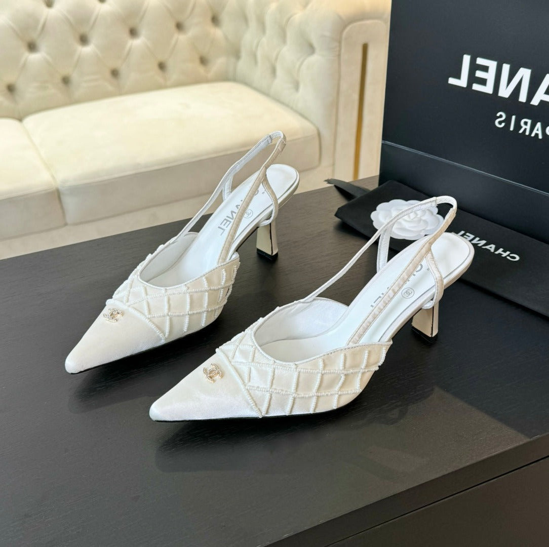 POINTED SLINGBACK MID HEELS WHITE LAMBSKIN - 35
