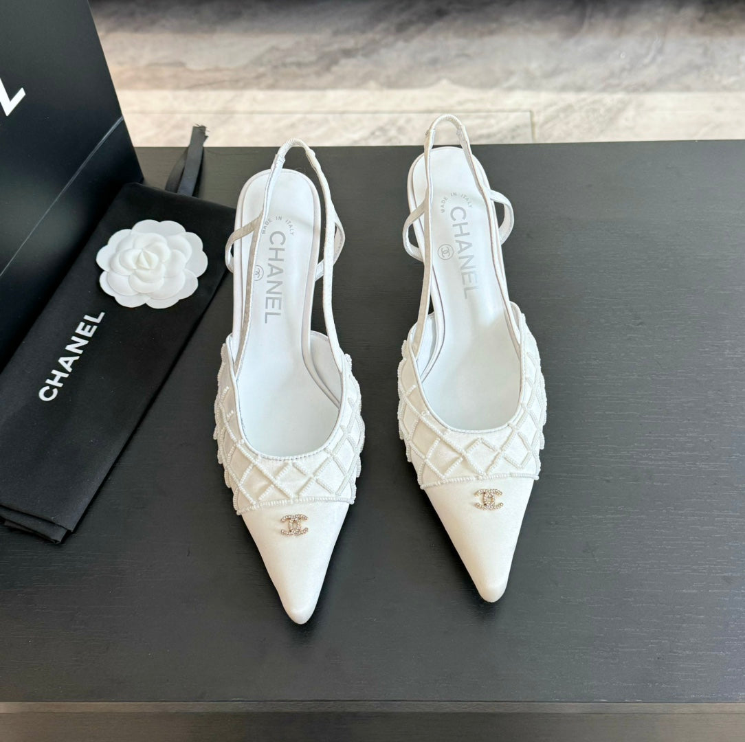 POINTED SLINGBACK MID HEELS WHITE LAMBSKIN - 35