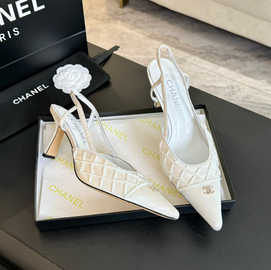 POINTED SLINGBACK MID HEELS WHITE LAMBSKIN - 35