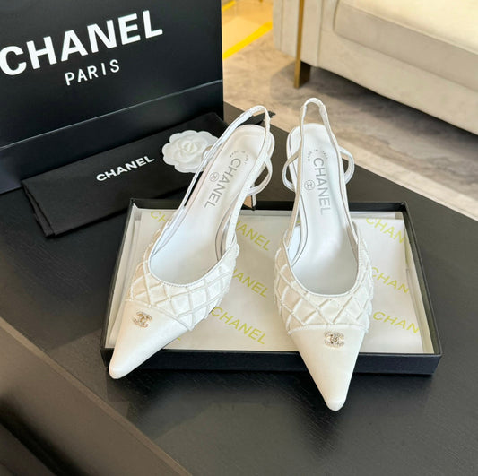 POINTED SLINGBACK MID HEELS WHITE LAMBSKIN - 35
