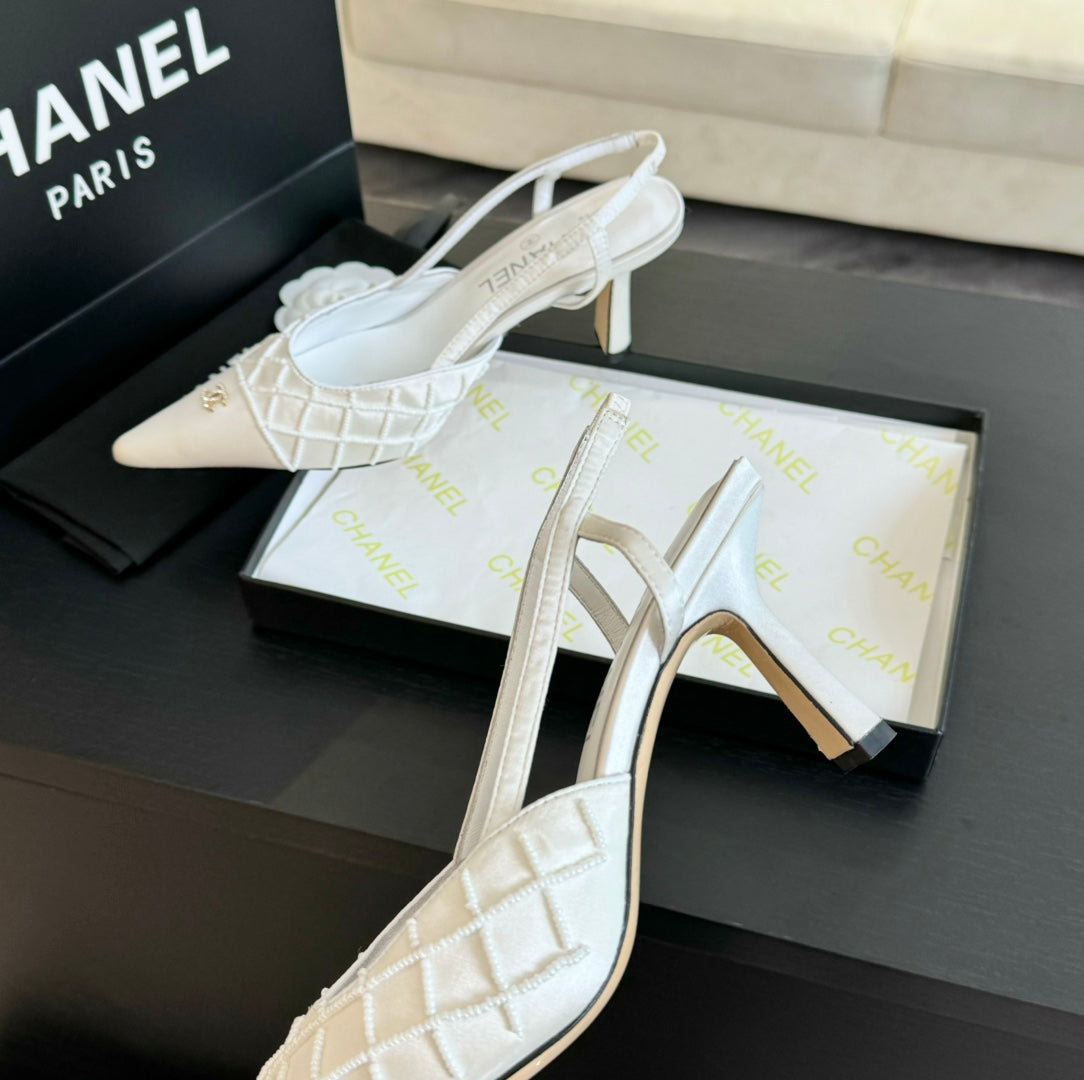 POINTED SLINGBACK MID HEELS WHITE LAMBSKIN - 35