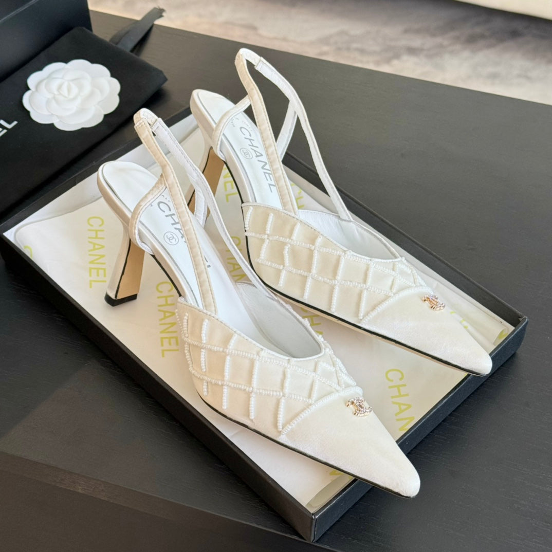 POINTED SLINGBACK MID HEELS WHITE LAMBSKIN - 35