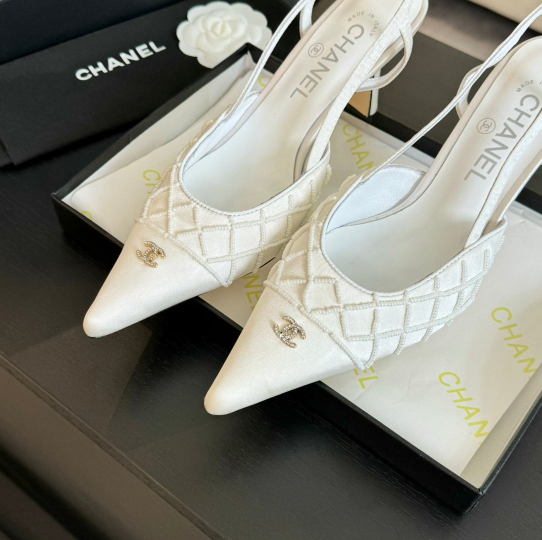 POINTED SLINGBACK MID HEELS WHITE LAMBSKIN - 35