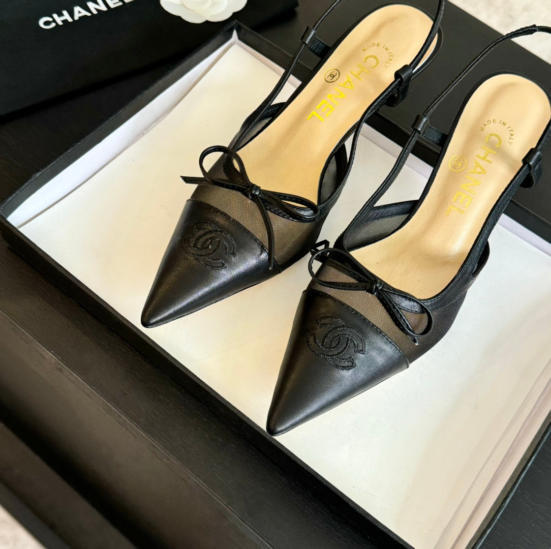 MESH LOGO SLINGBACKS IN BLACK LAMBSKIN - 35
