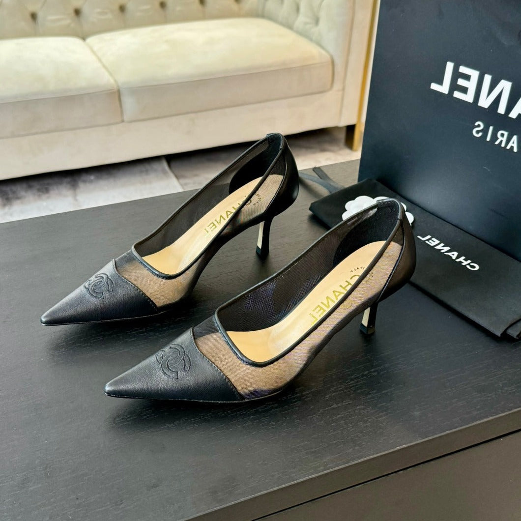 MESH LOGO HEELS IN BLACK LAMBSKIN - 35