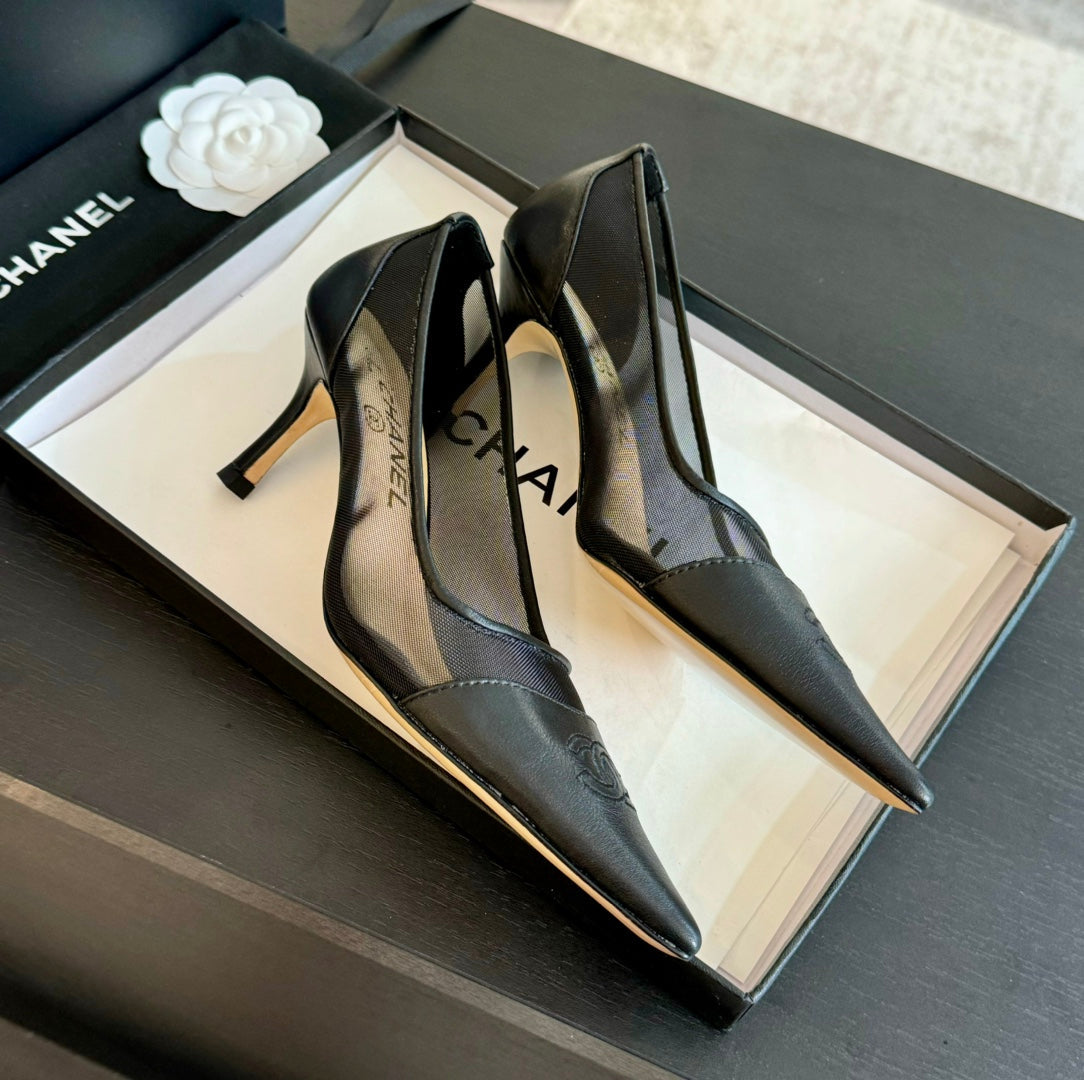 MESH LOGO HEELS IN BLACK LAMBSKIN - 35