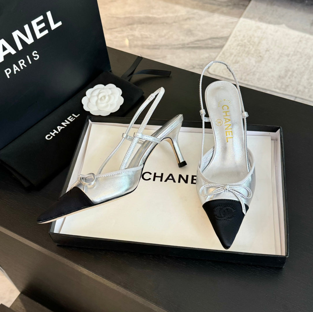 SLINGBACK WITH BOW IN SILVER MIX BLACK LAMBSKIN - 35