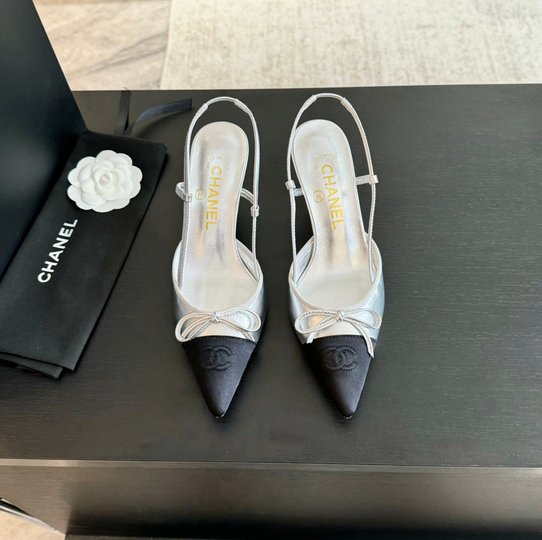 SLINGBACK WITH BOW IN SILVER MIX BLACK LAMBSKIN - 35