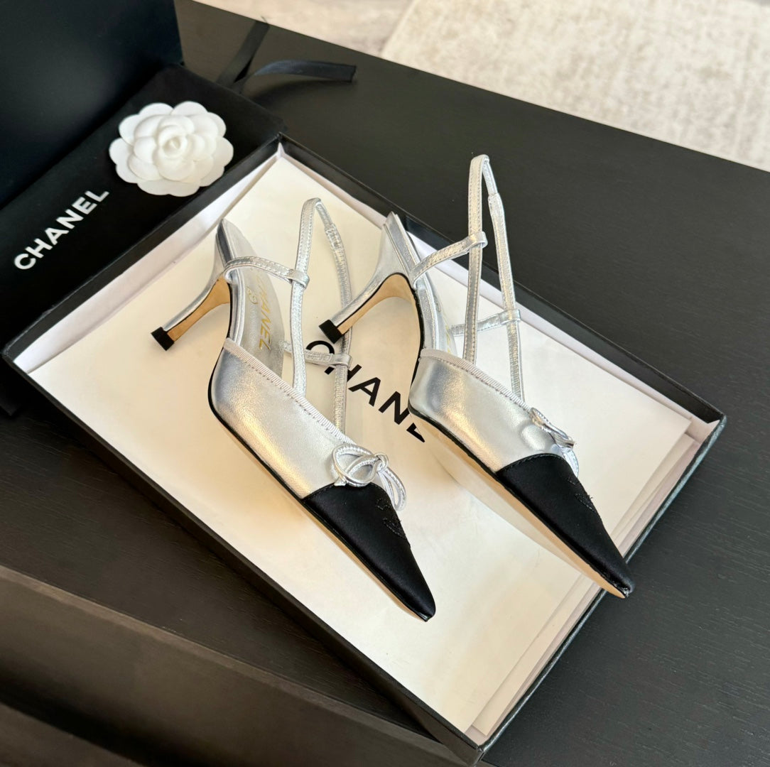 SLINGBACK WITH BOW IN SILVER MIX BLACK LAMBSKIN - 35