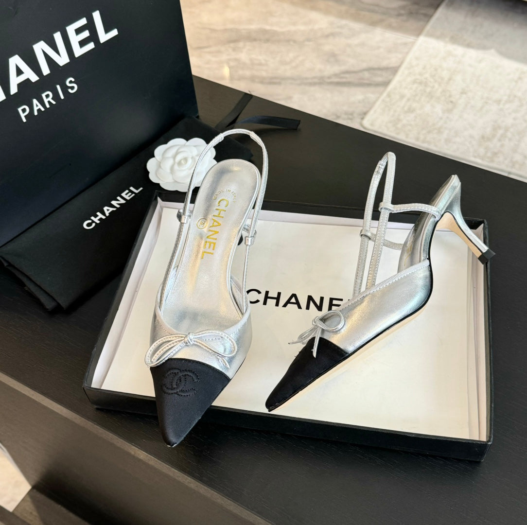 SLINGBACK WITH BOW IN SILVER MIX BLACK LAMBSKIN - 35