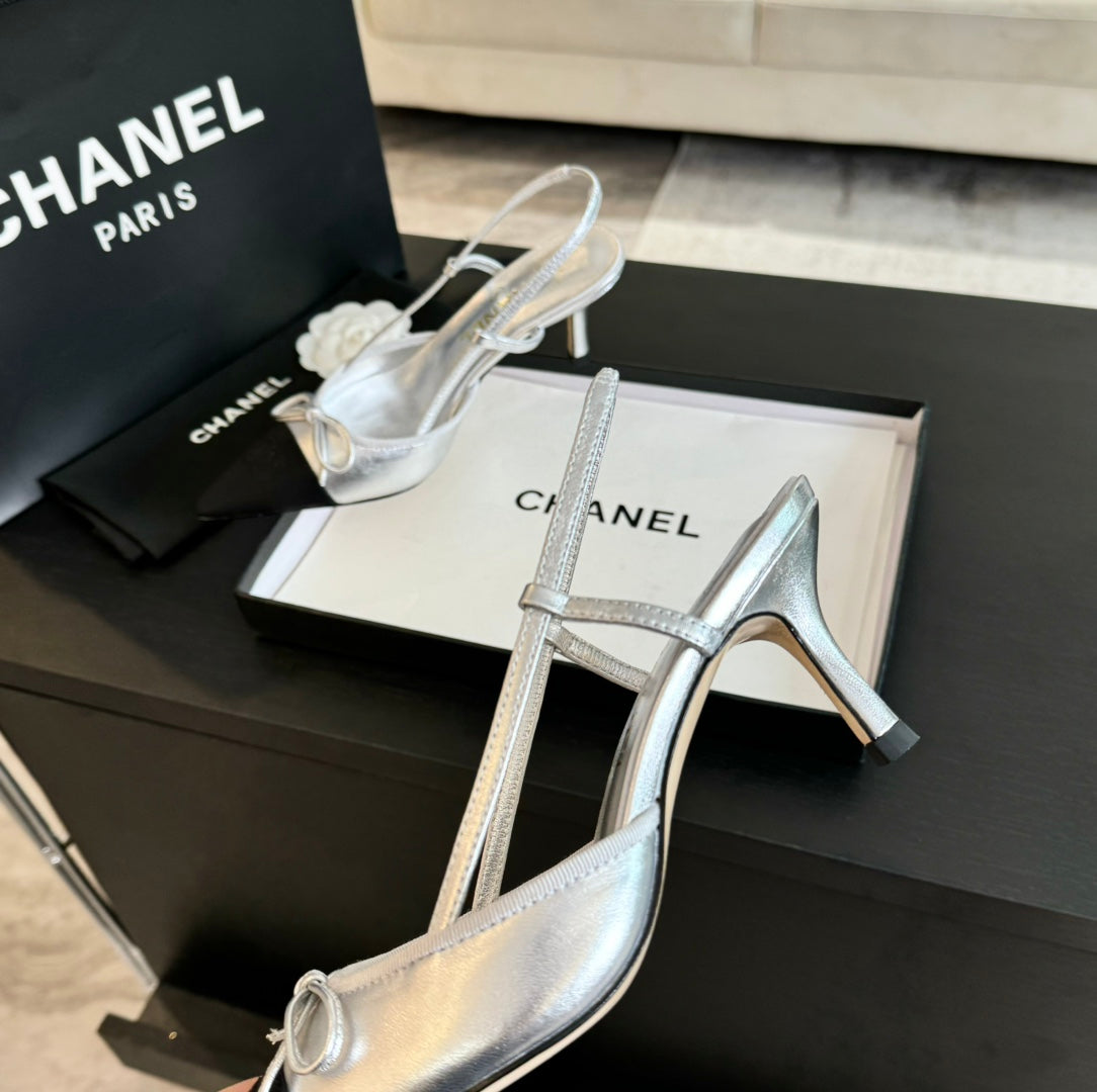 SLINGBACK WITH BOW IN SILVER MIX BLACK LAMBSKIN - 35