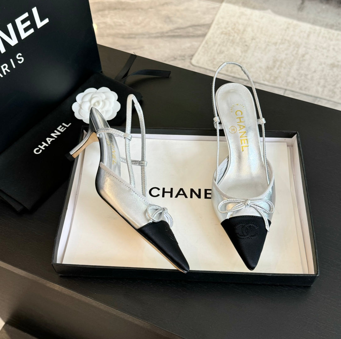SLINGBACK WITH BOW IN SILVER MIX BLACK LAMBSKIN - 35