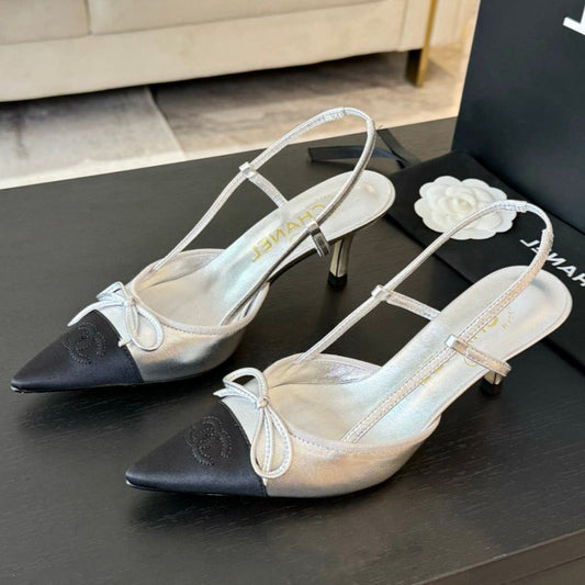 SLINGBACK WITH BOW IN SILVER MIX BLACK LAMBSKIN - 35