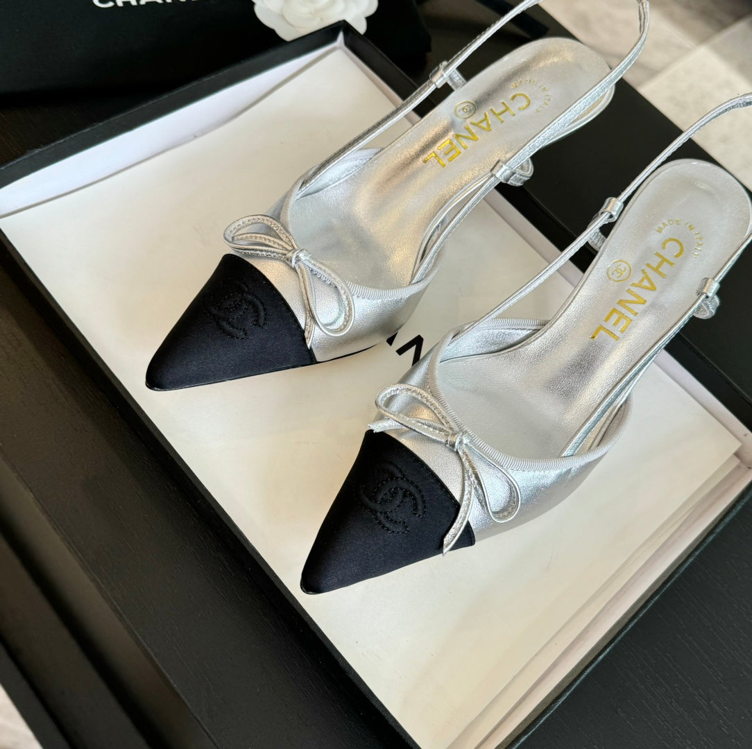 SLINGBACK WITH BOW IN SILVER MIX BLACK LAMBSKIN - 35