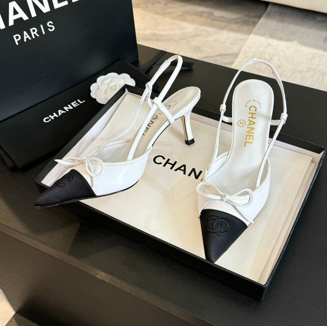 SLINGBACK WITH BOW IN WHITE MIX BLACK LAMBSKIN - 35