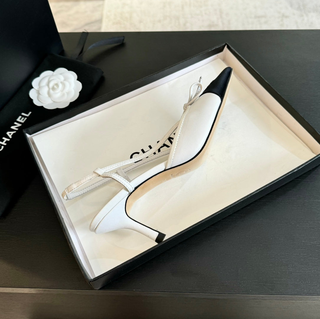 SLINGBACK WITH BOW IN WHITE MIX BLACK LAMBSKIN - 35