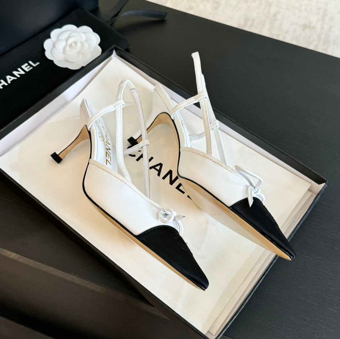SLINGBACK WITH BOW IN WHITE MIX BLACK LAMBSKIN - 35