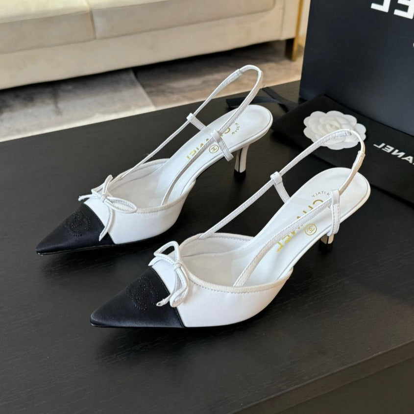 SLINGBACK WITH BOW IN WHITE MIX BLACK LAMBSKIN - 35