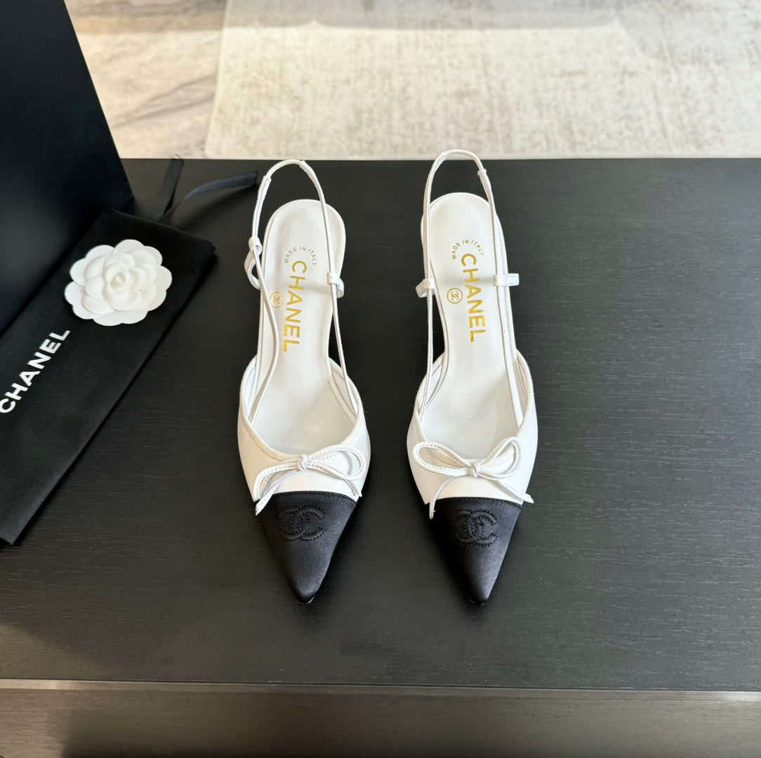 SLINGBACK WITH BOW IN WHITE MIX BLACK LAMBSKIN - 35
