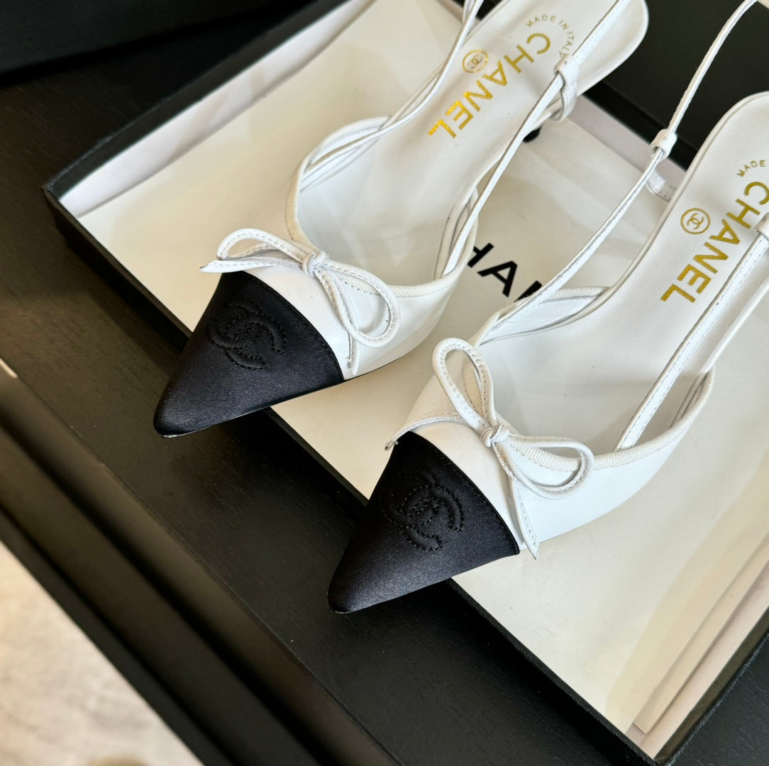 SLINGBACK WITH BOW IN WHITE MIX BLACK LAMBSKIN - 35
