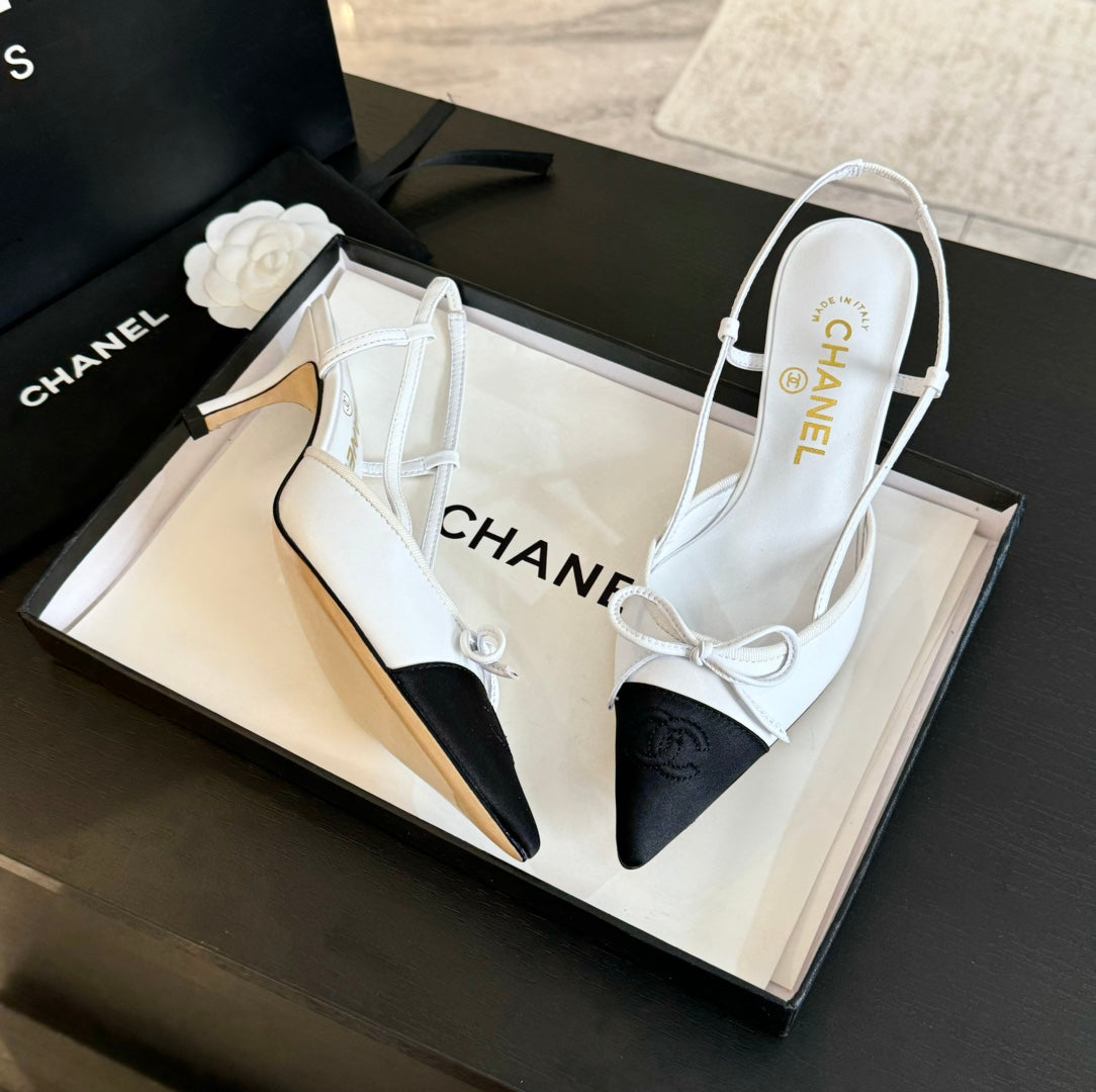 SLINGBACK WITH BOW IN WHITE MIX BLACK LAMBSKIN - 35