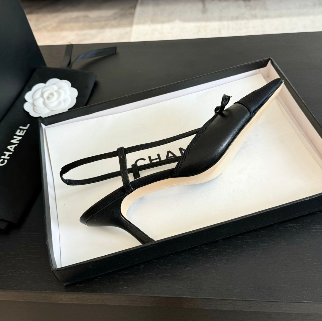 SLINGBACK WITH BOW IN BLACK LAMBSKIN - 35