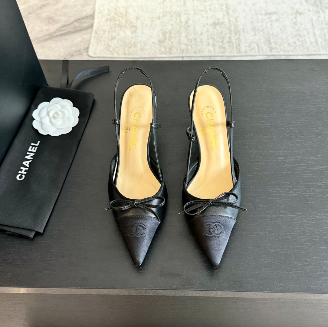 SLINGBACK WITH BOW IN BLACK LAMBSKIN - 35