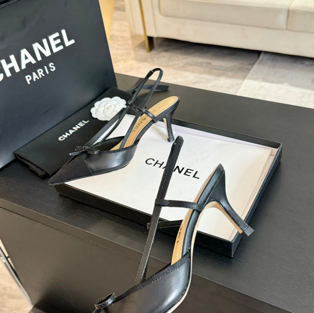 SLINGBACK WITH BOW IN BLACK LAMBSKIN - 35
