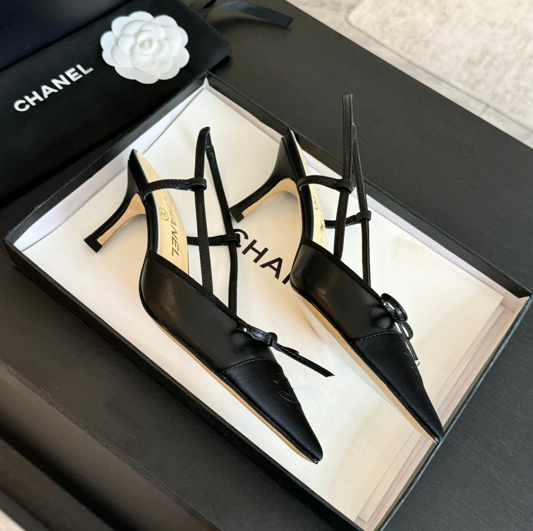 SLINGBACK WITH BOW IN BLACK LAMBSKIN - 35