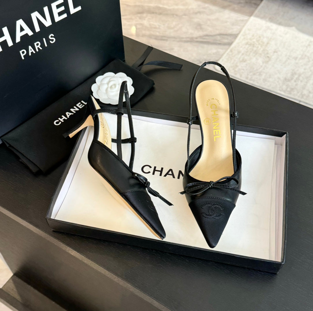 SLINGBACK WITH BOW IN BLACK LAMBSKIN - 35