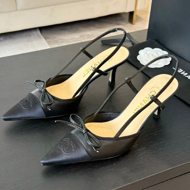 SLINGBACK WITH BOW IN BLACK LAMBSKIN - 35