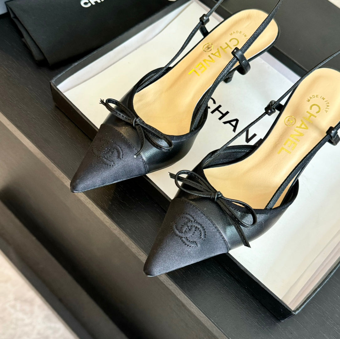 SLINGBACK WITH BOW IN BLACK LAMBSKIN - 35