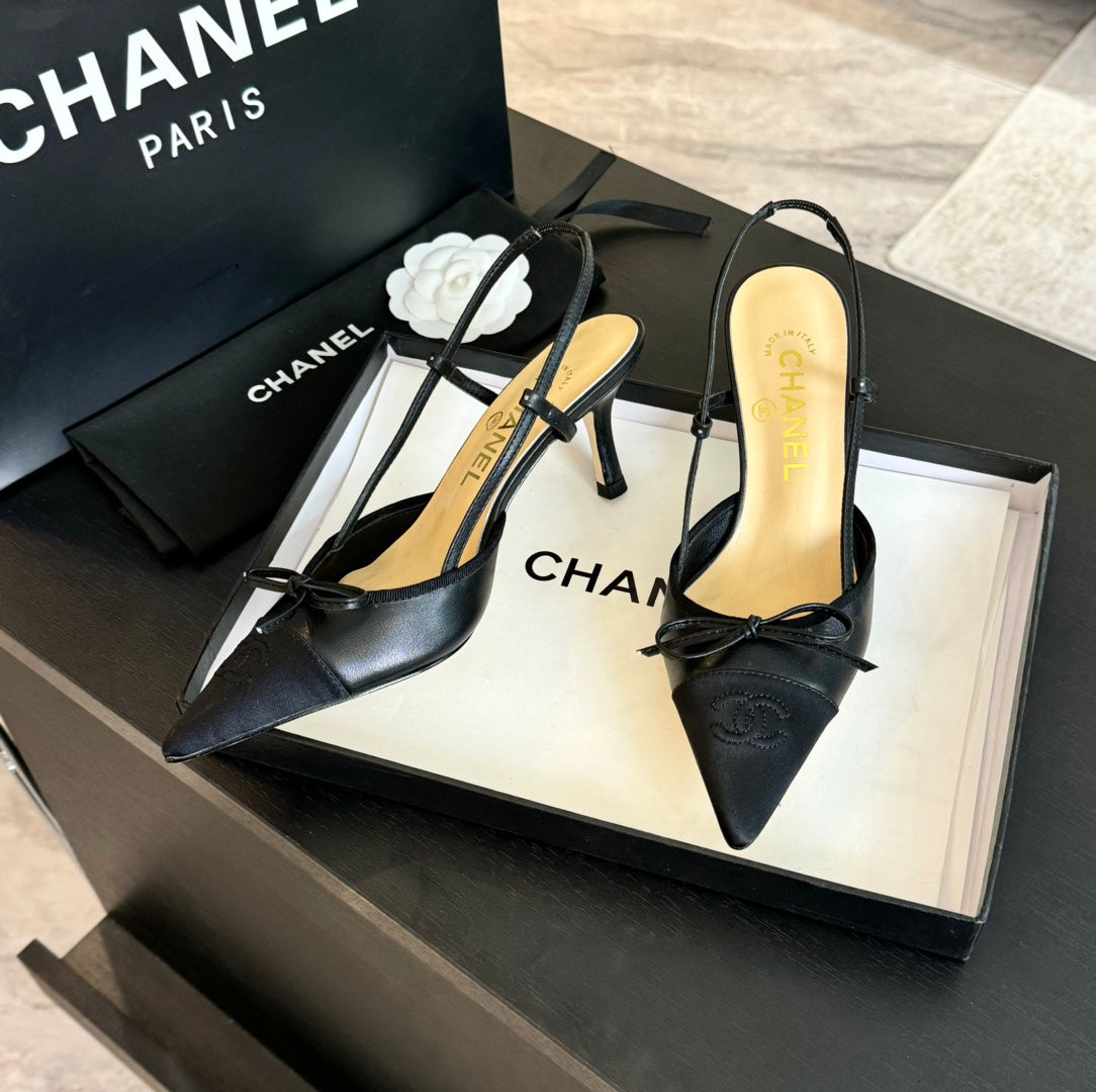 SLINGBACK WITH BOW IN BLACK LAMBSKIN - 35