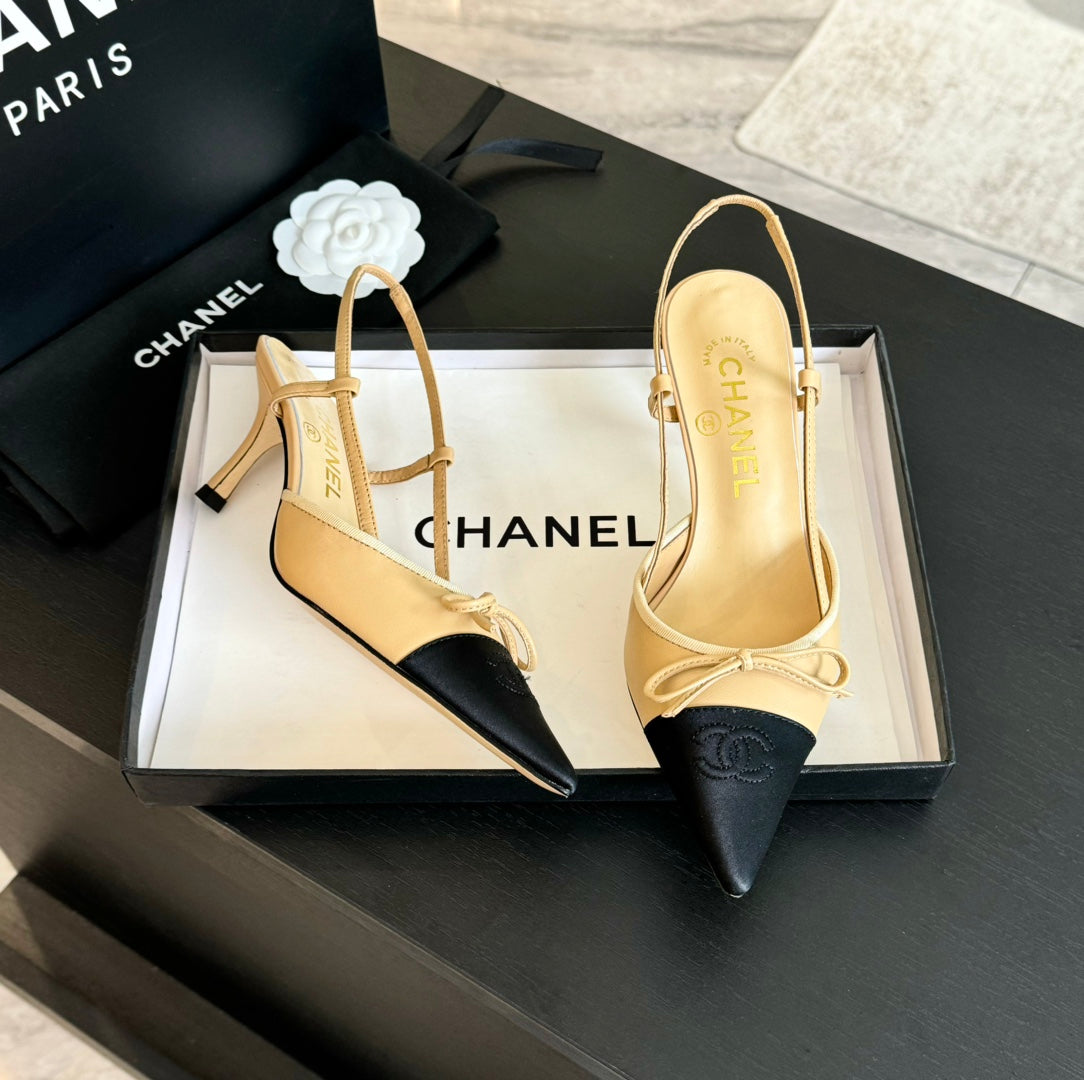 SLINGBACK WITH BOW IN BEIGE CREAM MIX BLACK LAMBSKIN - 35