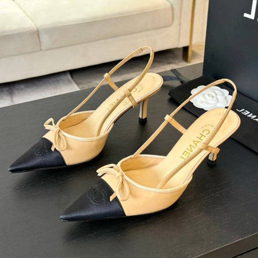 SLINGBACK WITH BOW IN BEIGE CREAM MIX BLACK LAMBSKIN - 35