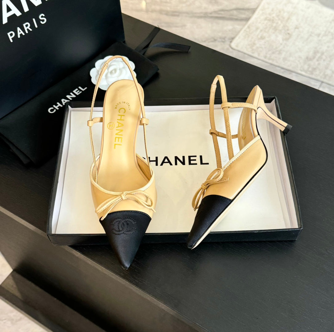 SLINGBACK WITH BOW IN BEIGE CREAM MIX BLACK LAMBSKIN - 35