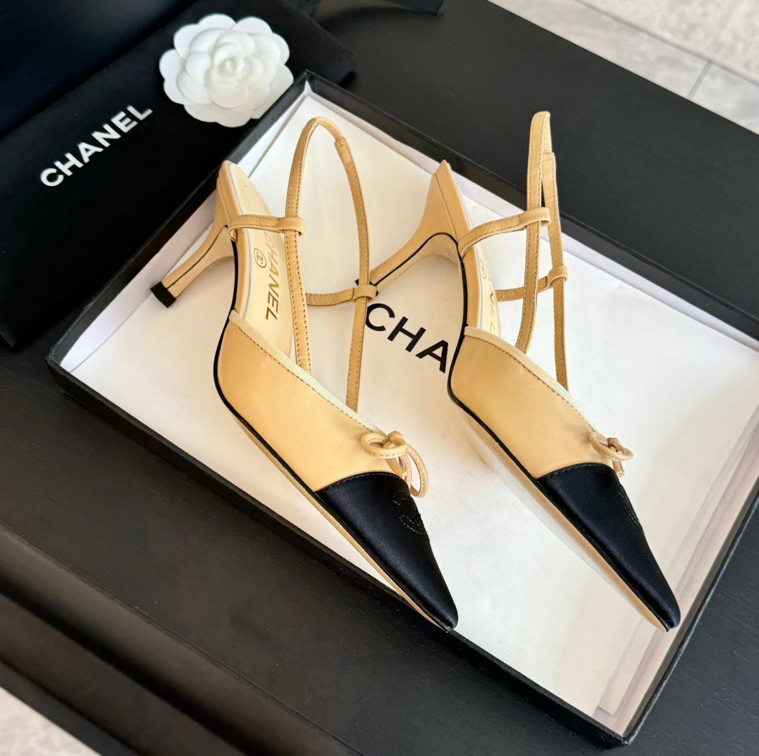 SLINGBACK WITH BOW IN BEIGE CREAM MIX BLACK LAMBSKIN - 35