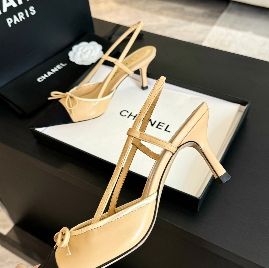 SLINGBACK WITH BOW IN BEIGE CREAM MIX BLACK LAMBSKIN - 35