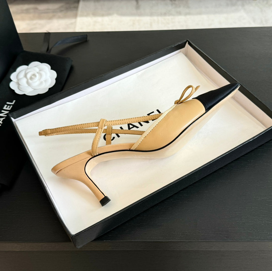 SLINGBACK WITH BOW IN BEIGE CREAM MIX BLACK LAMBSKIN - 35