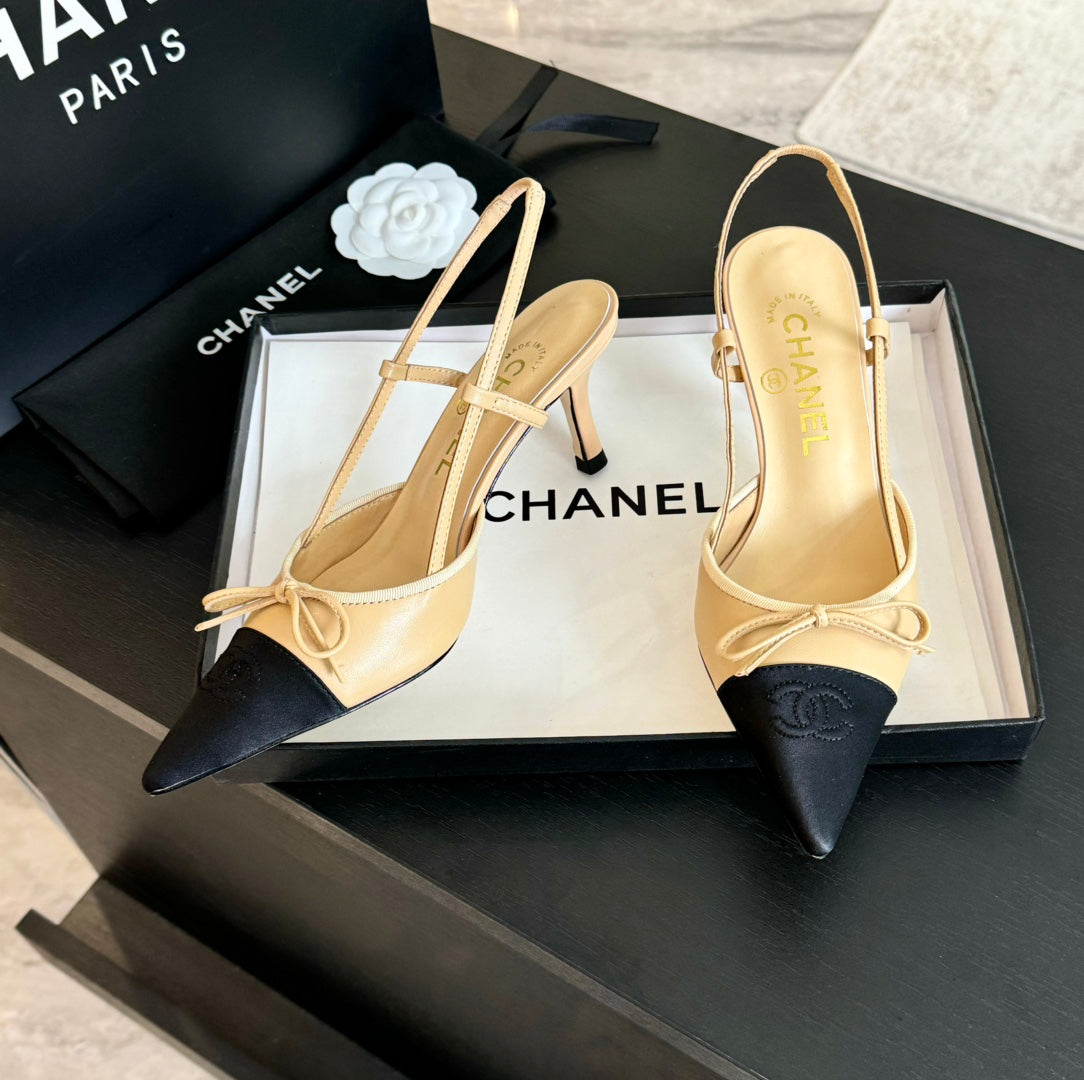 SLINGBACK WITH BOW IN BEIGE CREAM MIX BLACK LAMBSKIN - 35