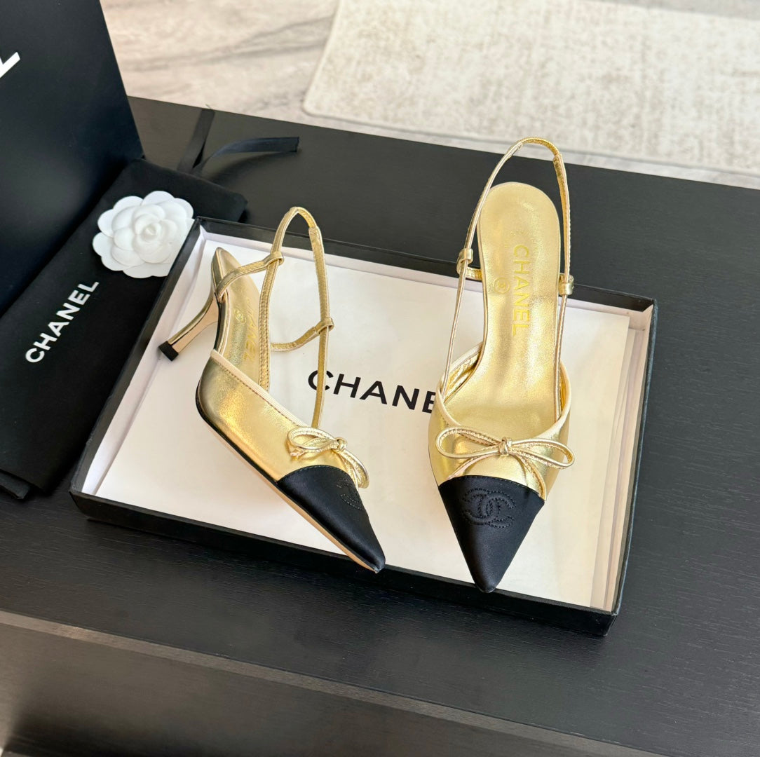 SLINGBACK WITH BOW IN GOLDEN MIX BLACK LAMBSKIN - 35