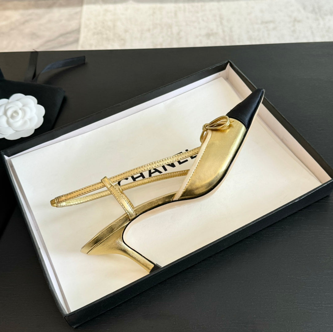 SLINGBACK WITH BOW IN GOLDEN MIX BLACK LAMBSKIN - 35