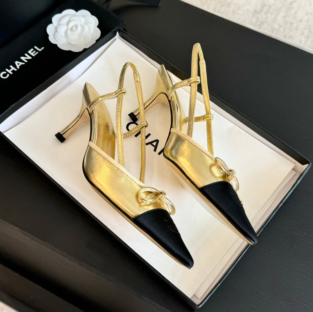 SLINGBACK WITH BOW IN GOLDEN MIX BLACK LAMBSKIN - 35