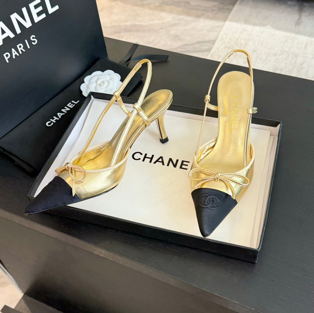 SLINGBACK WITH BOW IN GOLDEN MIX BLACK LAMBSKIN - 35