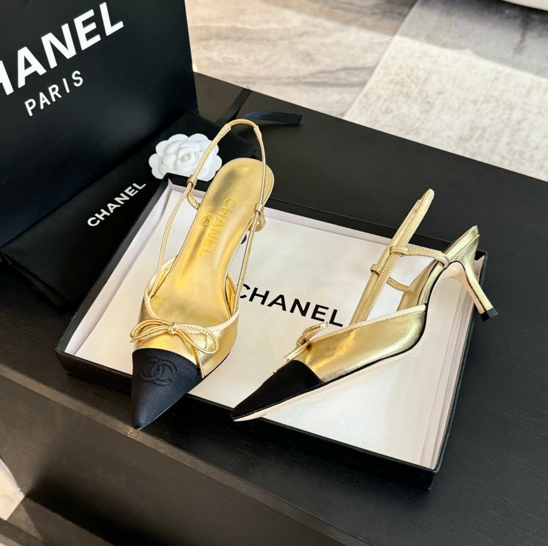 SLINGBACK WITH BOW IN GOLDEN MIX BLACK LAMBSKIN - 35