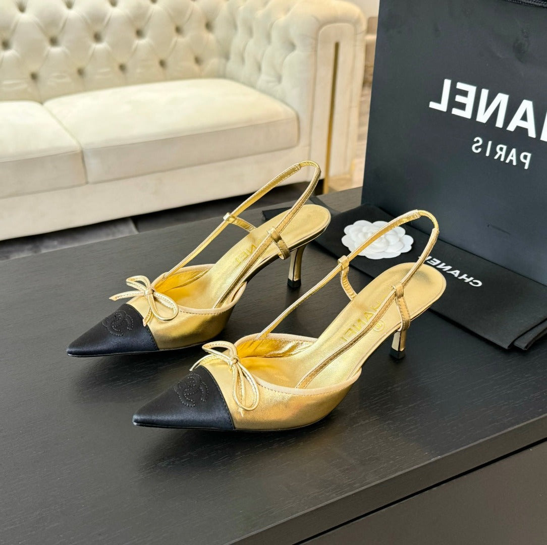 SLINGBACK WITH BOW IN GOLDEN MIX BLACK LAMBSKIN - 35