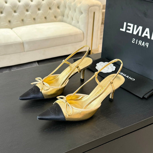SLINGBACK WITH BOW IN GOLDEN MIX BLACK LAMBSKIN - 35