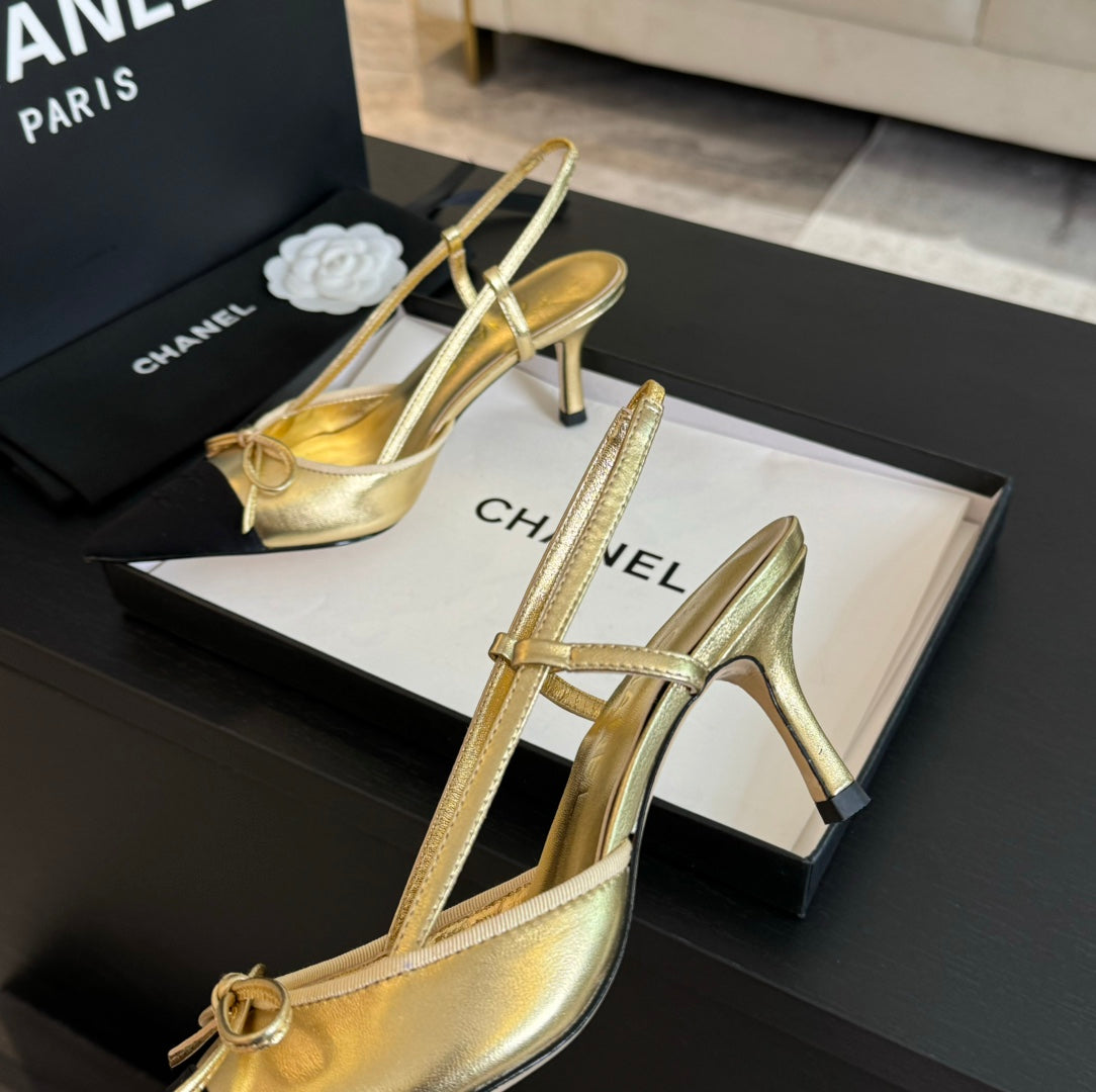 SLINGBACK WITH BOW IN GOLDEN MIX BLACK LAMBSKIN - 35