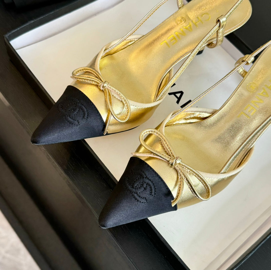 SLINGBACK WITH BOW IN GOLDEN MIX BLACK LAMBSKIN - 35